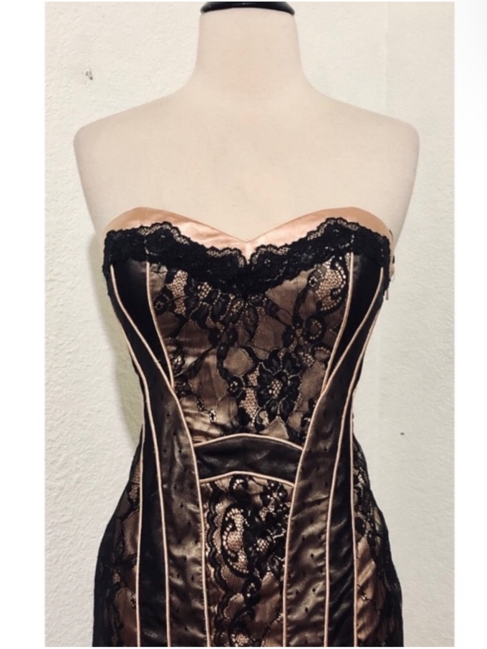 🩷 Bebe Strapless Lace up corset baby pink black Bodycon fitted mini Dress
